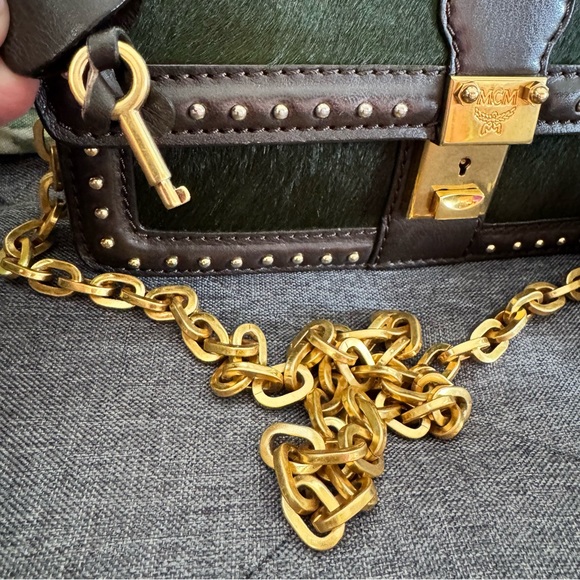 MCM Dark Green Haircalf & Brown Leather Shoulder Bag with Gold Chain - Picture 3 of 9